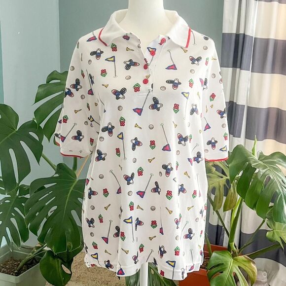 Vintage 90s Classic Elements golf print white and multi-coloured polo shirt L - Picture 8 of 8